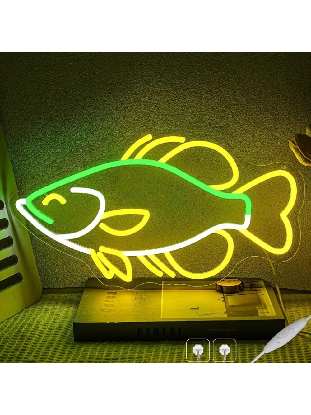 Crappy Fish Neon Sign Green Yellow White LED Light Seafood Restaurant Theme